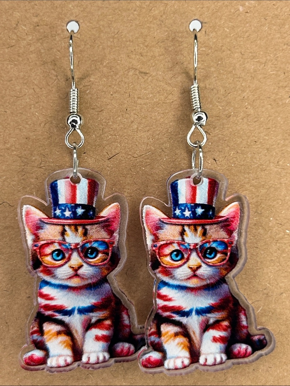 Patriotic Cat Earrings - Red White Blue Cat Dangle Earrings Fashion Jewelry